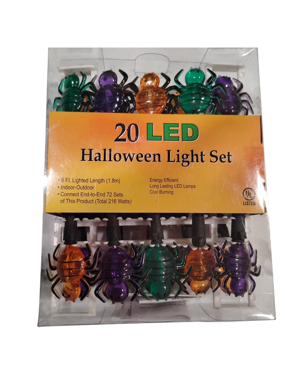 Halloween 20 Multi Color Spider LED Light Set Black Wire Lighted Length 6 ft NIB